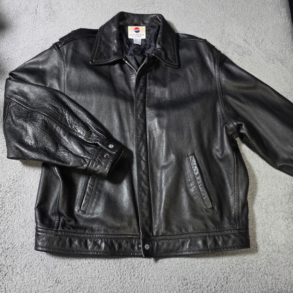 Pepsi Mens XL Bomber Jacket Black Genuine Leather Quilted Liner Vintage 90s